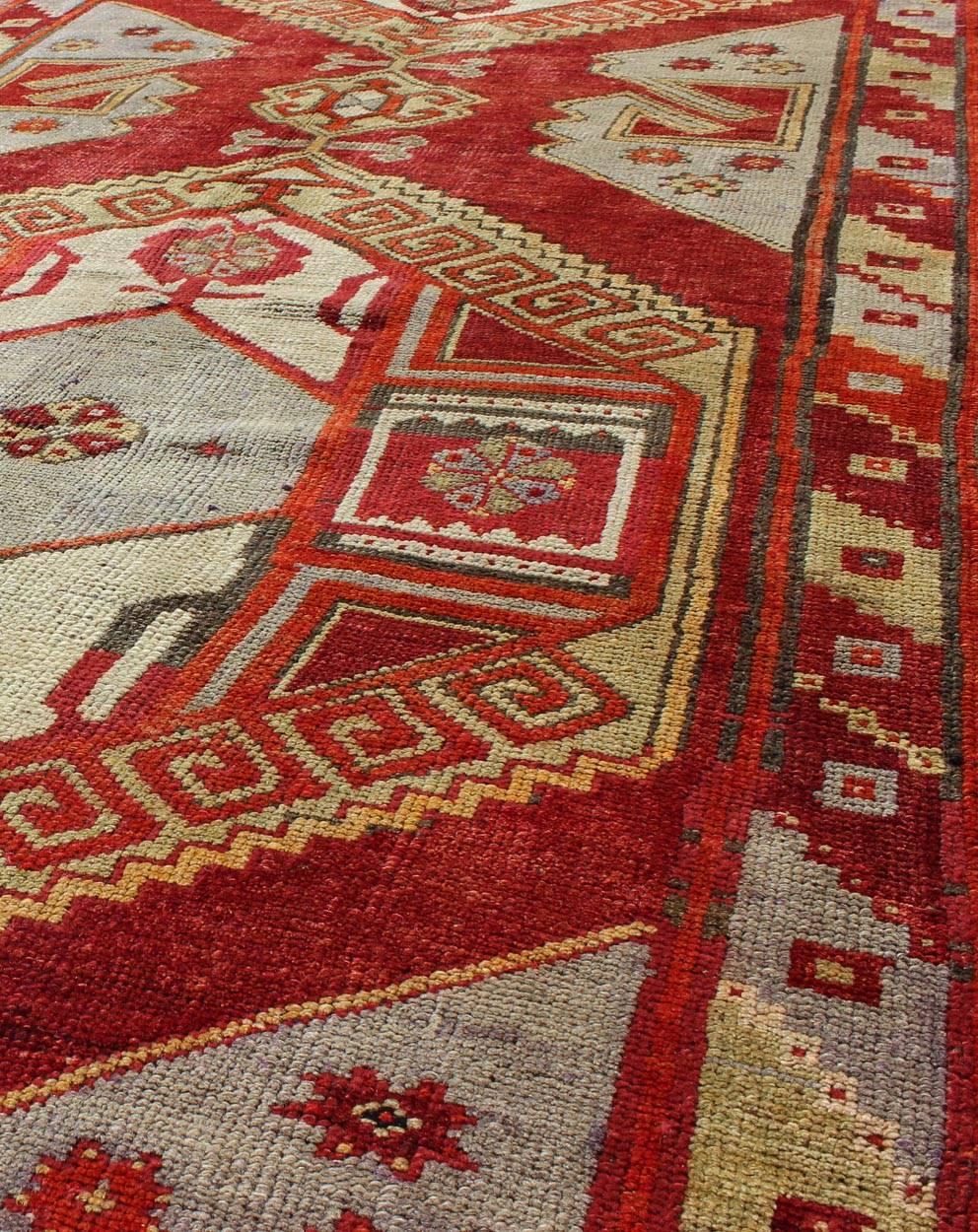 20th Century Red Mid-Century Vintage Turkish Oushak Rug with Geometric Dual Medallions For Sale