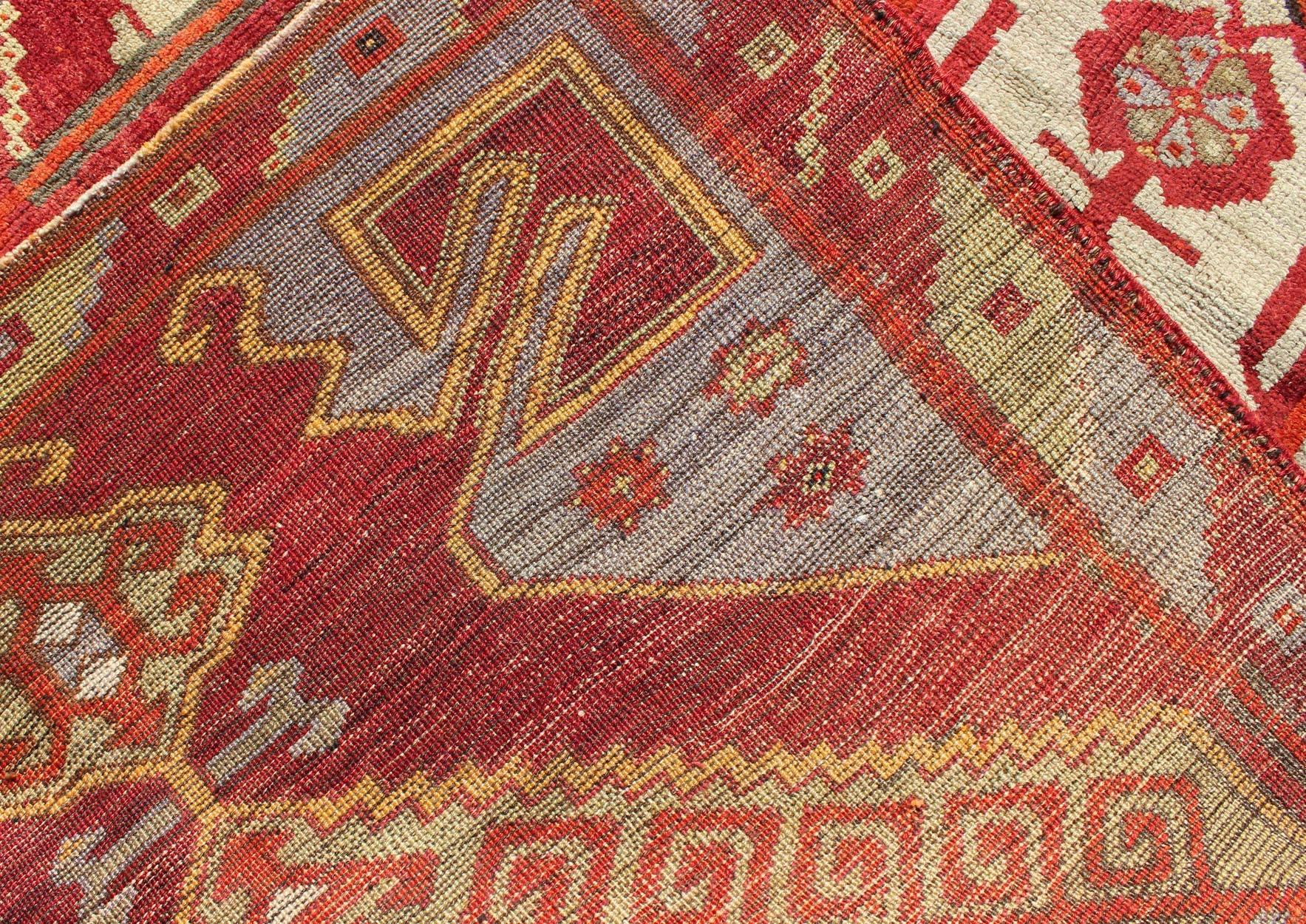 Red Mid-Century Vintage Turkish Oushak Rug with Geometric Dual Medallions For Sale 1