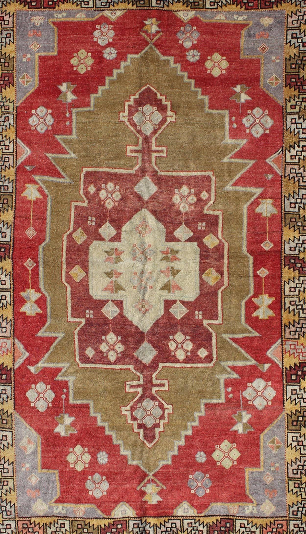 Hand-Knotted Unique Vintage Turkish Oushak Rug with Geometric Medallion in Red, Green, Yellow For Sale