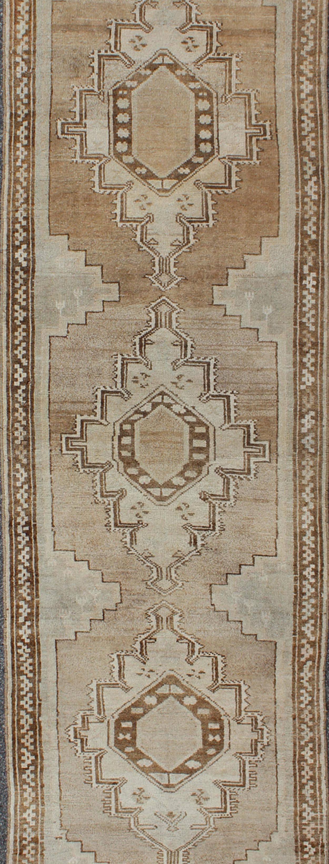 Hand-Knotted Taupe, Ivory & Brown Vintage Turkish Oushak Rug with Three Vertical Medallions For Sale