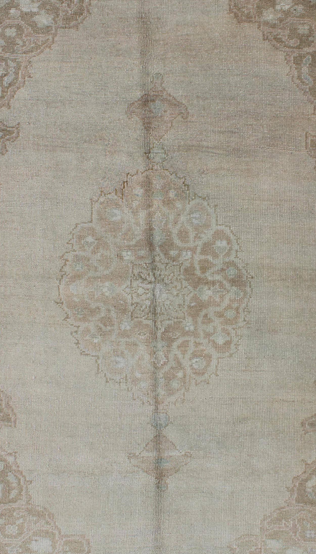 Hand-Knotted Turkish Oushak Rug with Floral Medallion, Cornices and Border in Gray and Brown