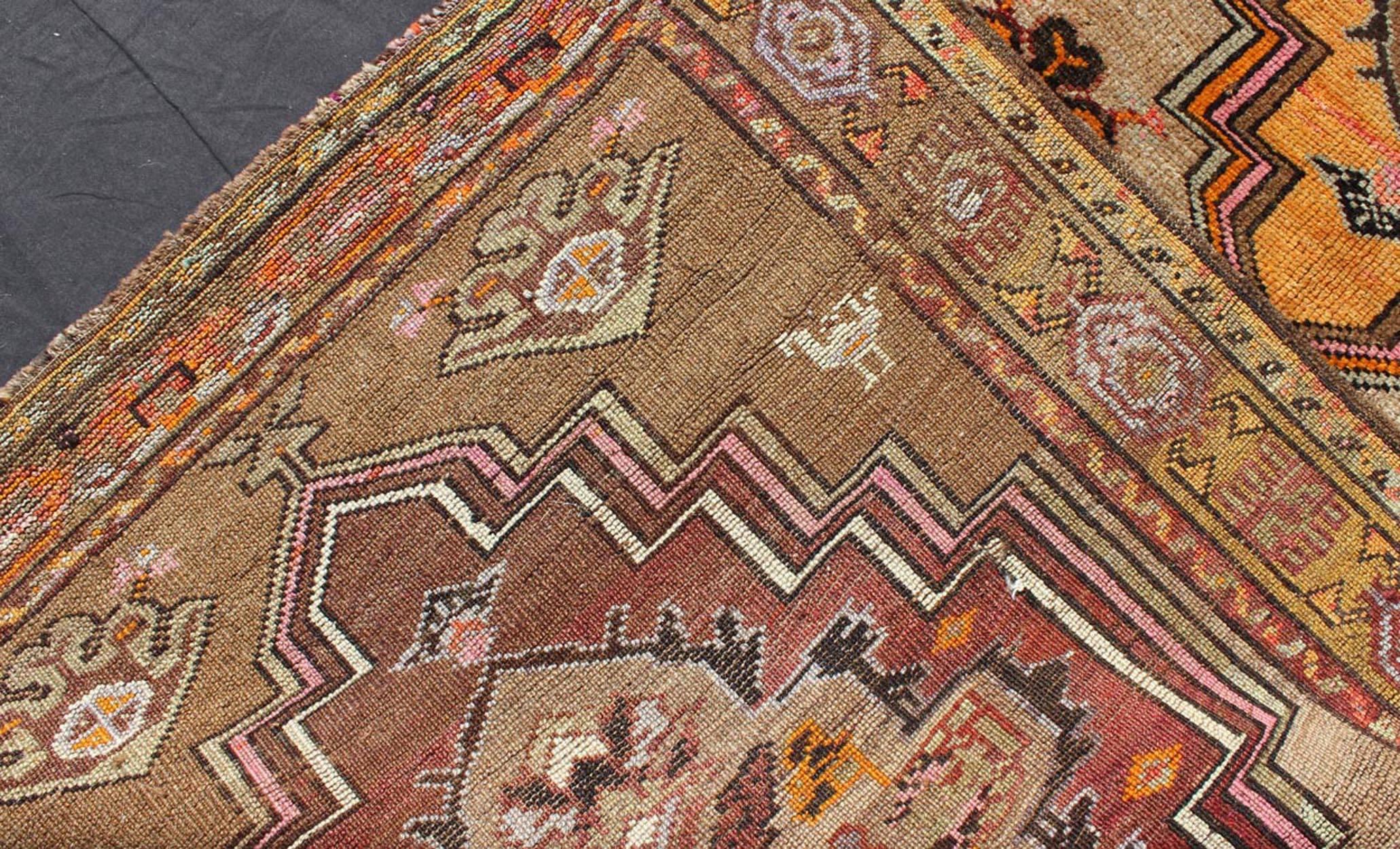 Wool Vintage Turkish Oushak Runner with Three Medallions in Maroon, Gold, and Taupe