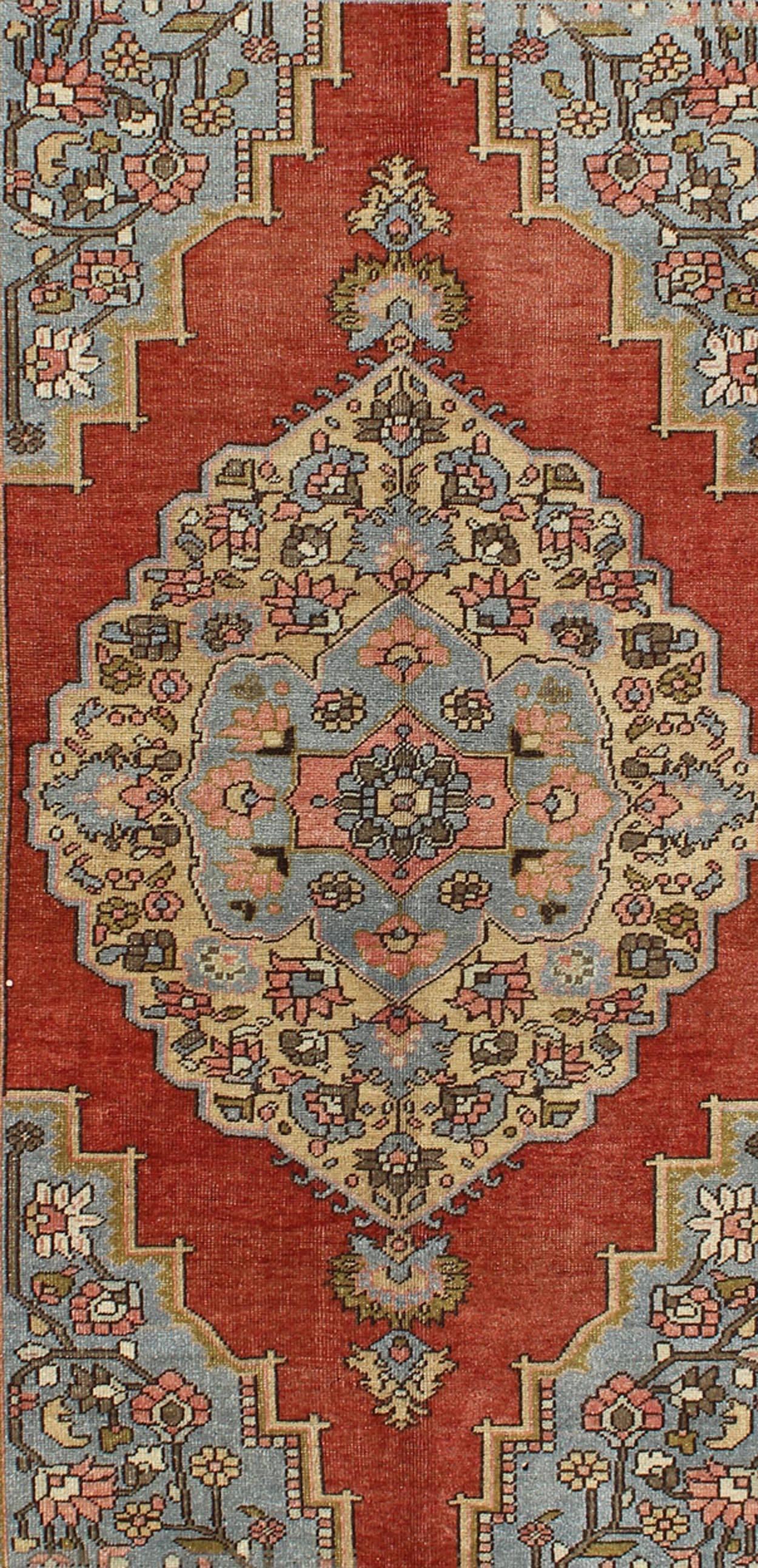 Hand-Knotted Floral Mid-Century Vintage Turkish Oushak Rug with Medallion in Red, Blue, Cream For Sale