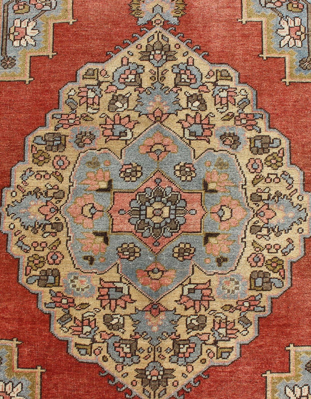 Wool Floral Mid-Century Vintage Turkish Oushak Rug with Medallion in Red, Blue, Cream For Sale