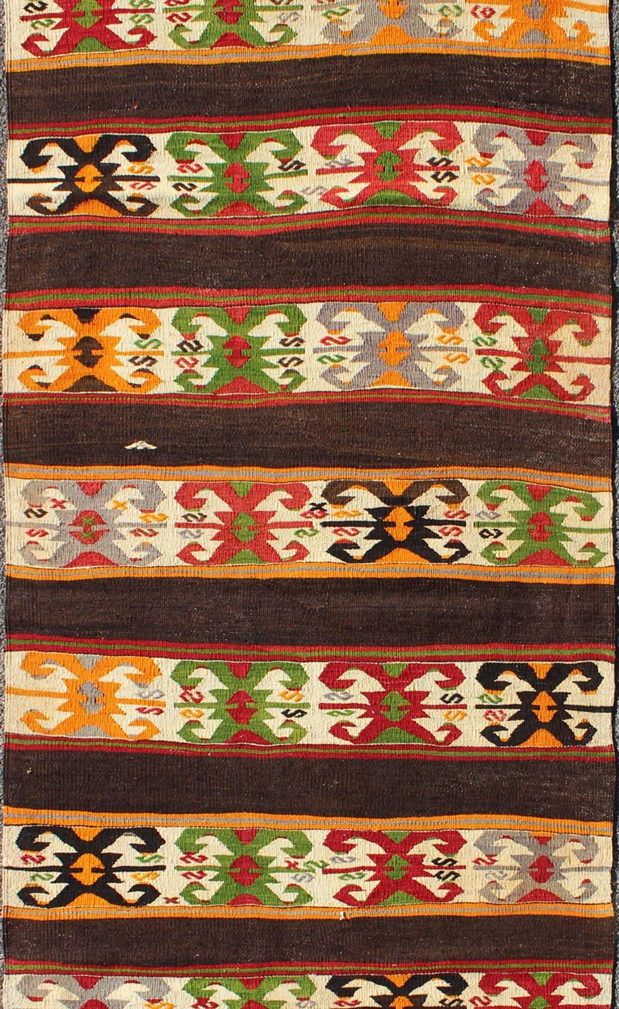 Hand-Knotted Brilliant Vintage Kilim Rug with Colorful Tribal Stripes on Charcoal Background For Sale