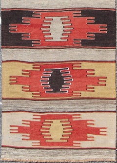 Vintage Turkish Kilim Runner with Large Geometric Medallions and Stripe Design