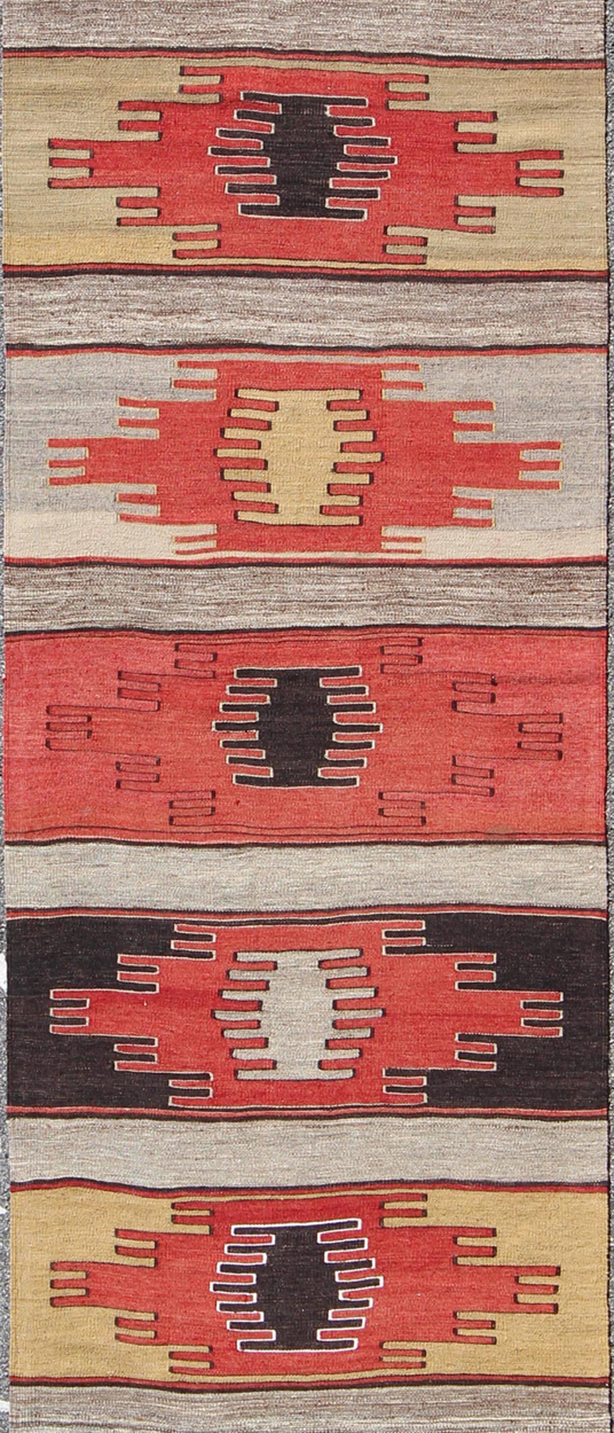Hand-Woven Vintage Turkish Kilim Runner with Large Geometric Medallions and Stripe Design