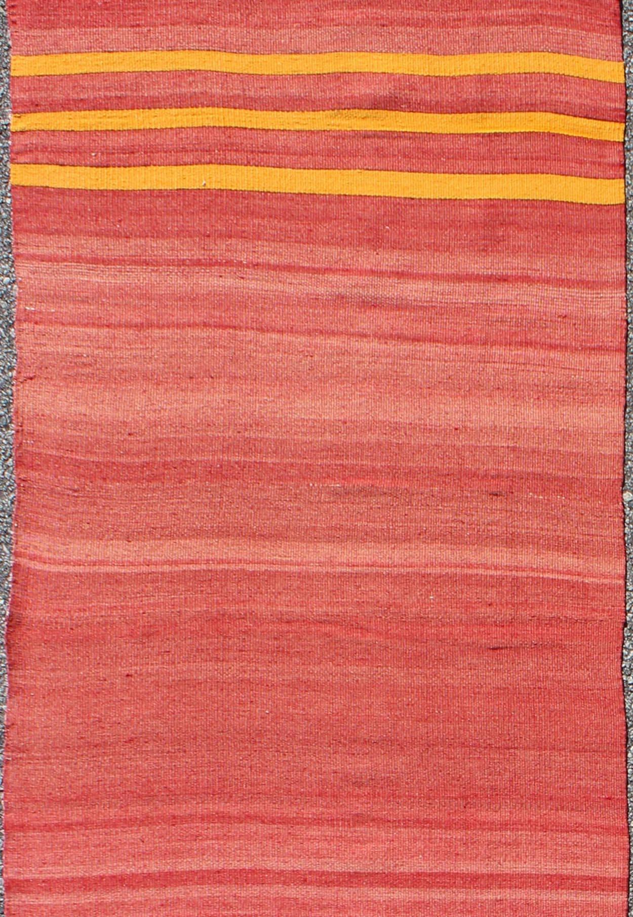 Red, Yellow, and Salmon Pink Striped Midcentury Vintage Turkish Kilim Rug In Excellent Condition For Sale In Atlanta, GA