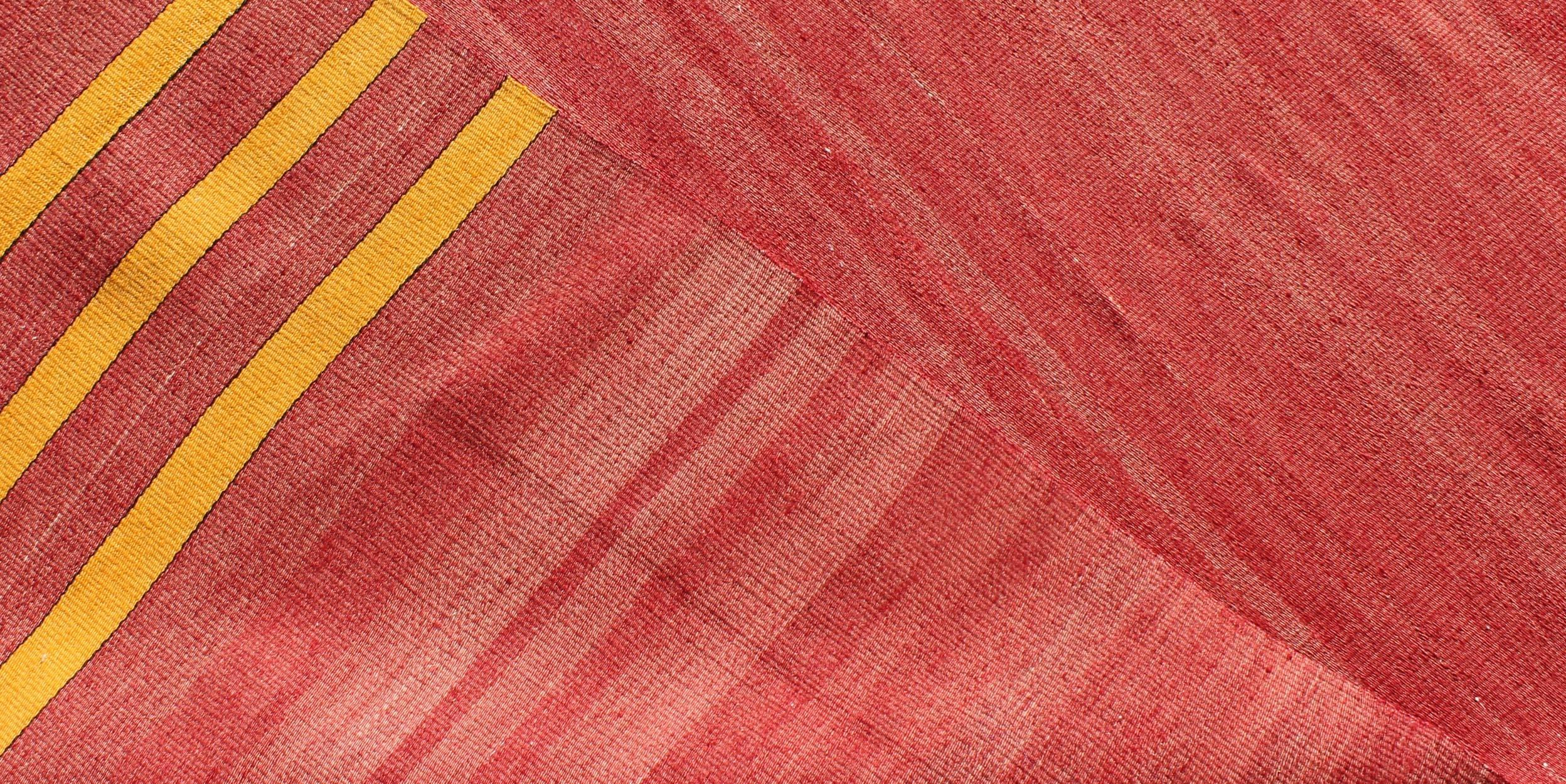 Wool Red, Yellow, and Salmon Pink Striped Midcentury Vintage Turkish Kilim Rug For Sale