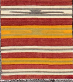 Vintage Turkish Kilim Runner with Stripes in Red, Green, Yellow, Ivory, Gray