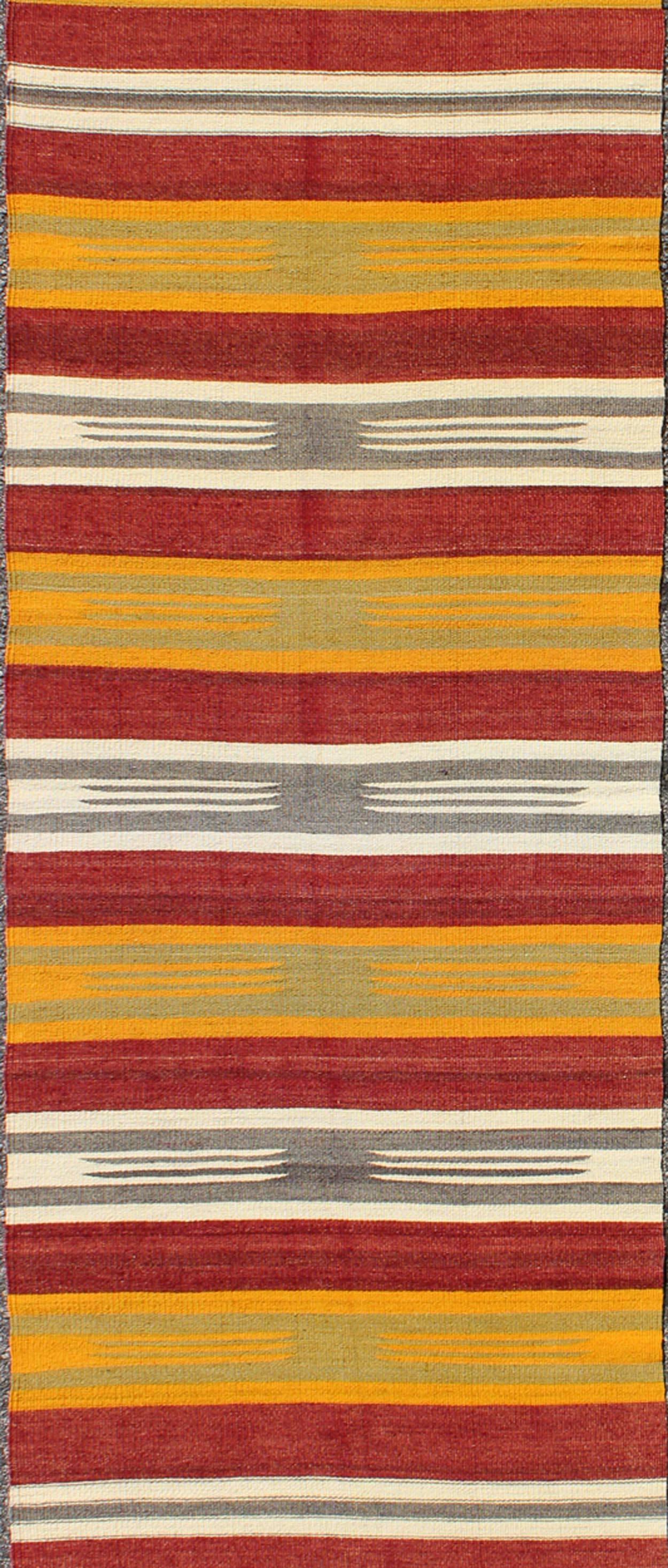 Hand-Knotted Vintage Turkish Kilim Runner with Stripes in Red, Green, Yellow, Ivory, Gray For Sale
