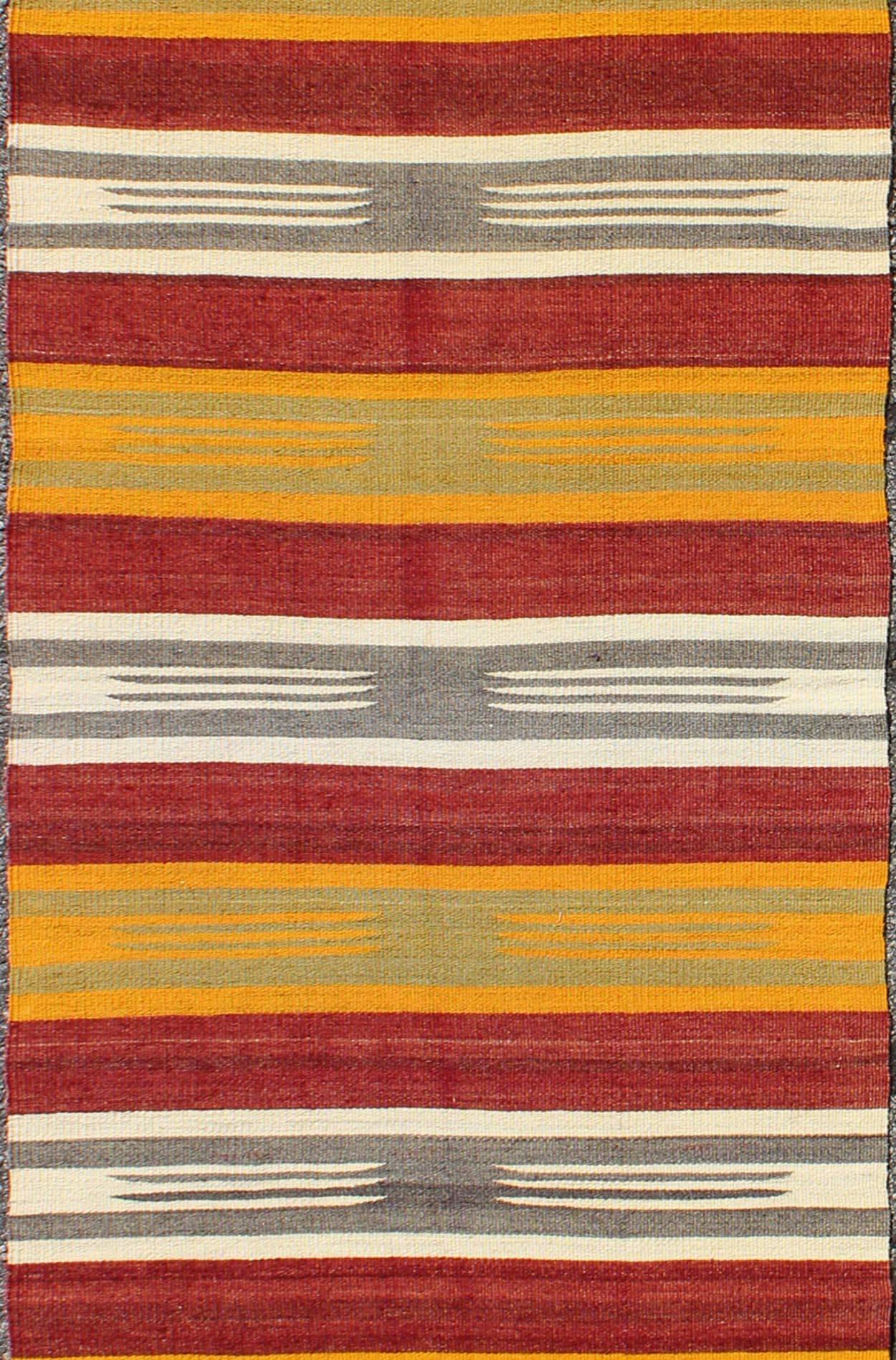 Vintage Turkish Kilim Runner with Stripes in Red, Green, Yellow, Ivory, Gray In Excellent Condition For Sale In Atlanta, GA