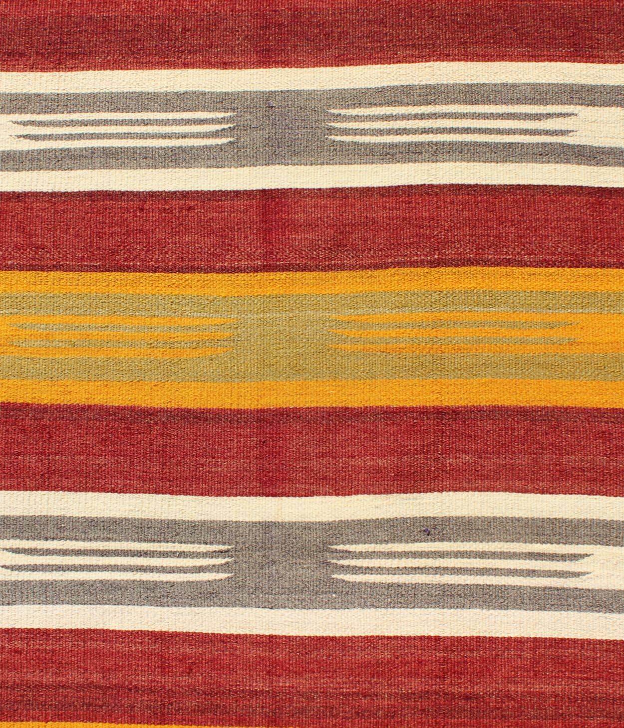 20th Century Vintage Turkish Kilim Runner with Stripes in Red, Green, Yellow, Ivory, Gray For Sale