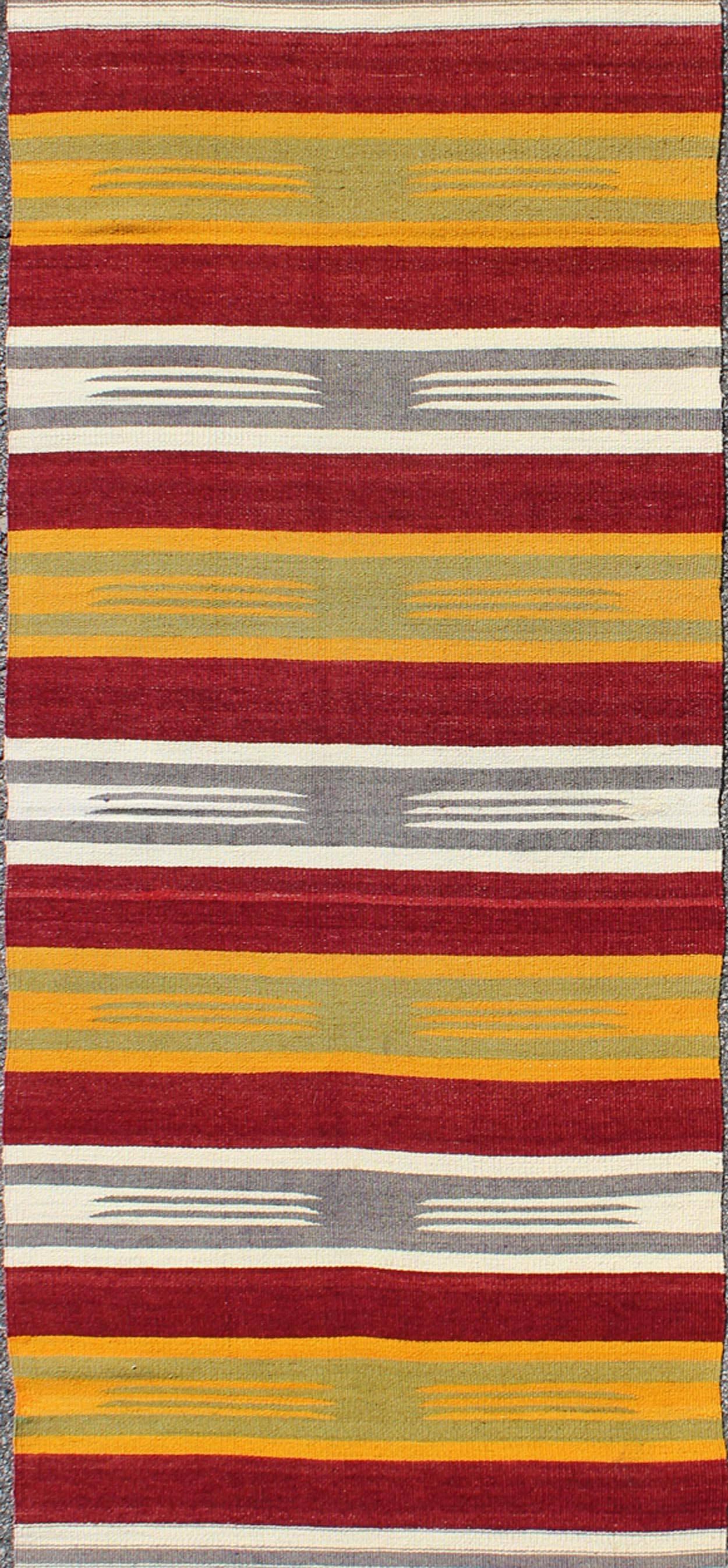 Hand-Knotted Vintage Turkish Kilim Runner with Stripes in Red, Green, Yellow, Ivory and Gray For Sale