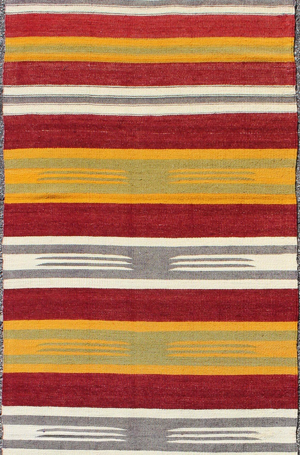 Vintage Turkish Kilim Runner with Stripes in Red, Green, Yellow, Ivory and Gray In Excellent Condition For Sale In Atlanta, GA