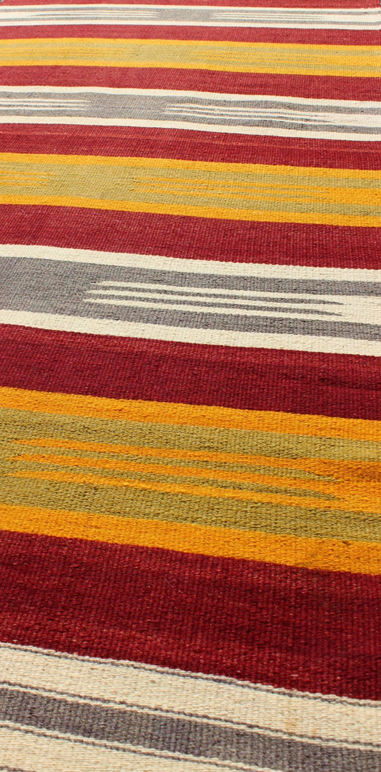 20th Century Vintage Turkish Kilim Runner with Stripes in Red, Green, Yellow, Ivory and Gray For Sale