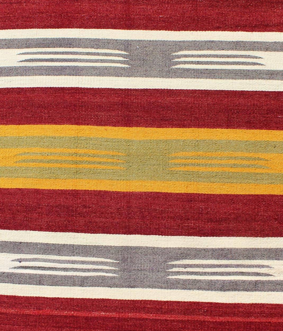 Wool Vintage Turkish Kilim Runner with Stripes in Red, Green, Yellow, Ivory and Gray For Sale
