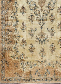 Large Antique Lavar Kerman Rug with Blossoming Floral Motifs in Cream and Blue