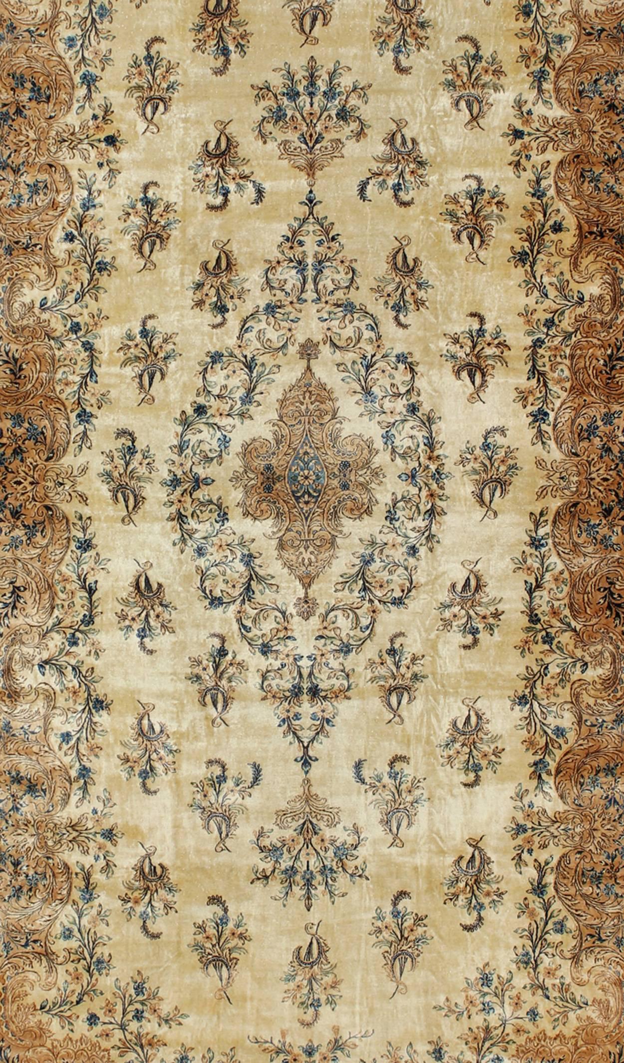 Kirman Large Antique Lavar Kerman Rug with Blossoming Floral Motifs in Cream and Blue