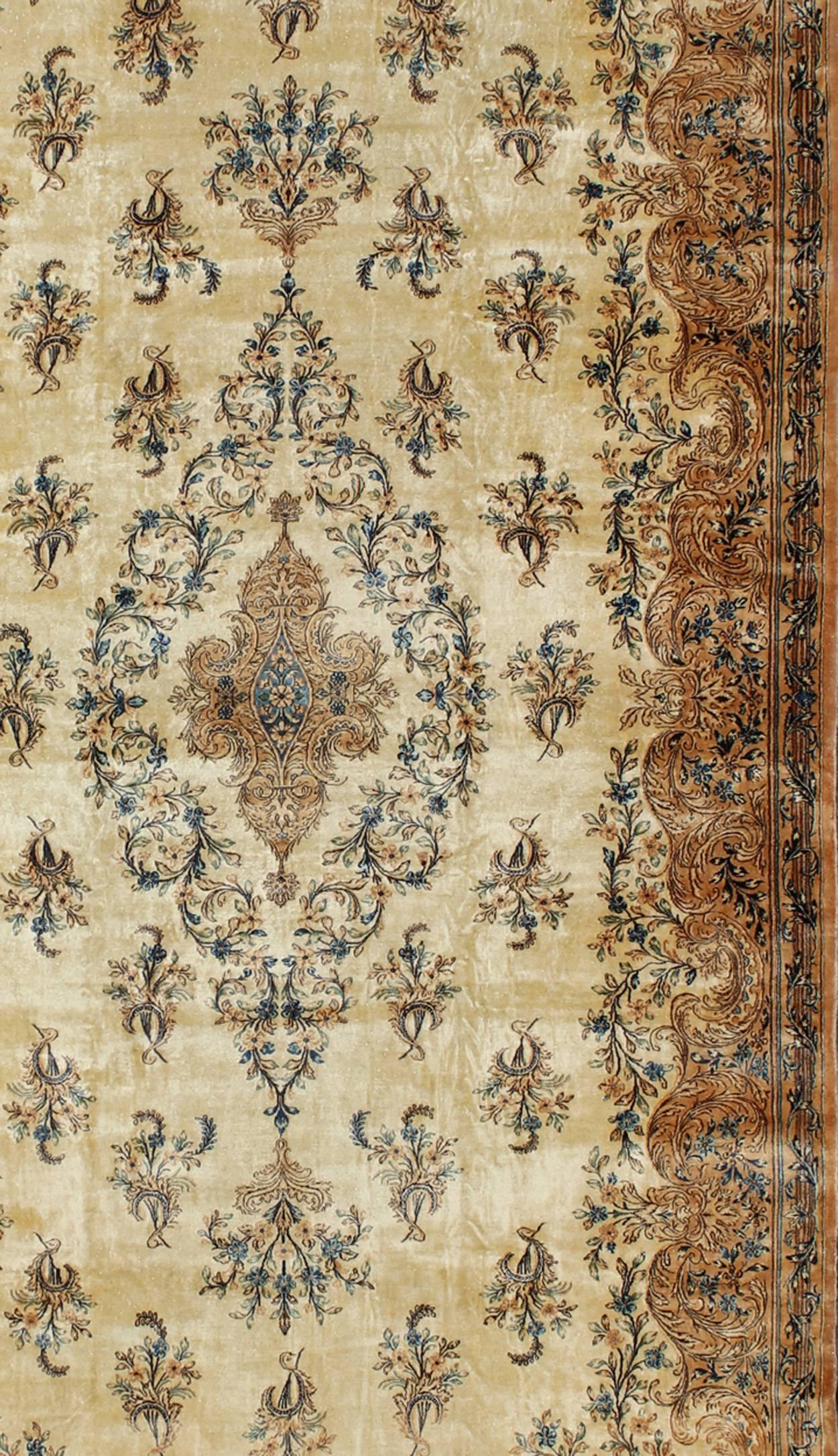 Persian Large Antique Lavar Kerman Rug with Blossoming Floral Motifs in Cream and Blue