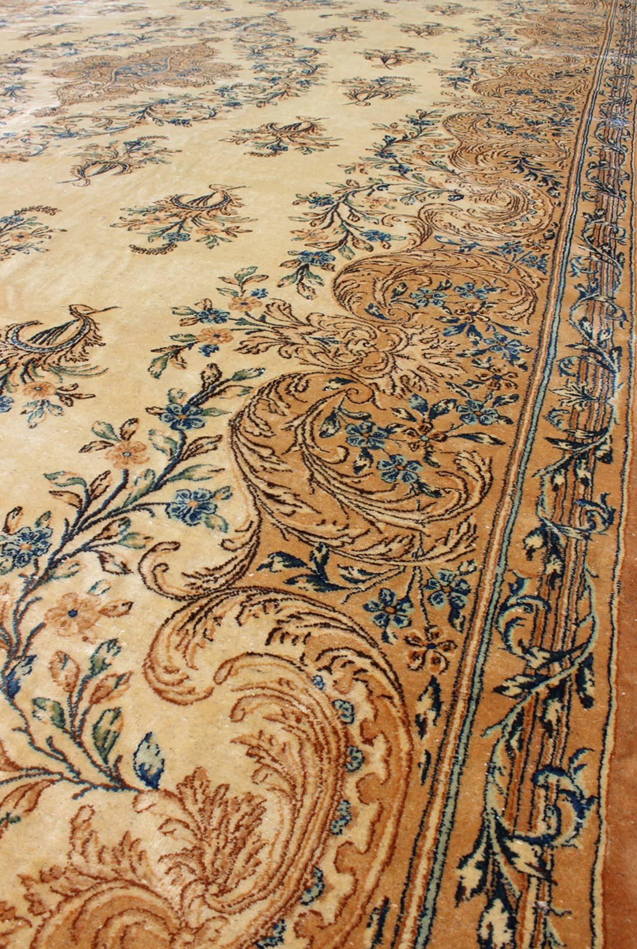 Hand-Knotted Large Antique Lavar Kerman Rug with Blossoming Floral Motifs in Cream and Blue