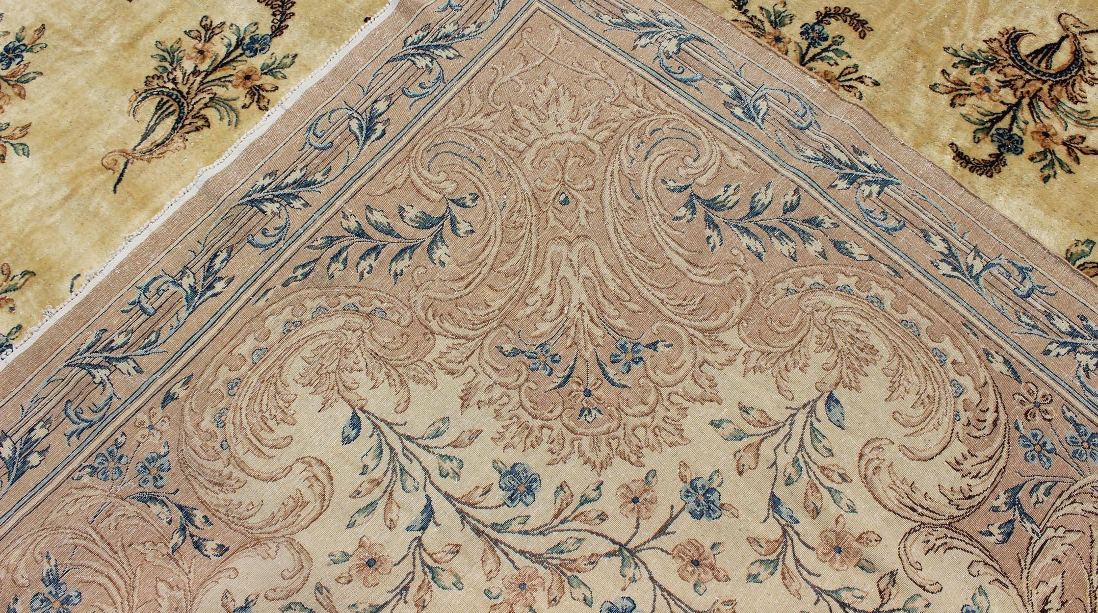 Early 20th Century Large Antique Lavar Kerman Rug with Blossoming Floral Motifs in Cream and Blue