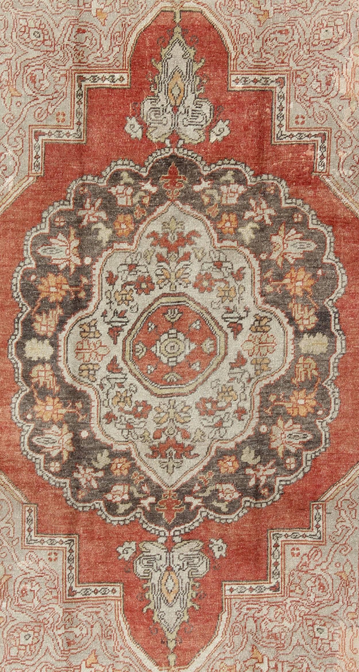 Antique Turkish Oushak Rug with Floral Medallion in Red, Charcoal and Cream In Good Condition For Sale In Atlanta, GA