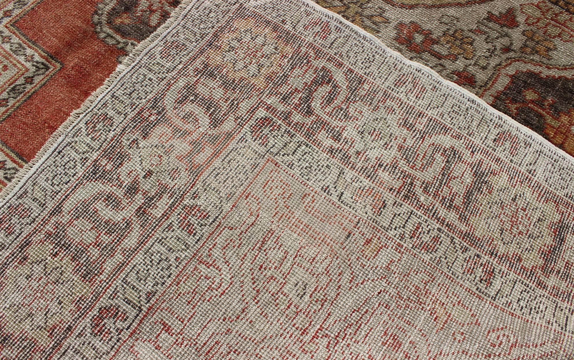 Antique Turkish Oushak Rug with Floral Medallion in Red, Charcoal and Cream For Sale 2