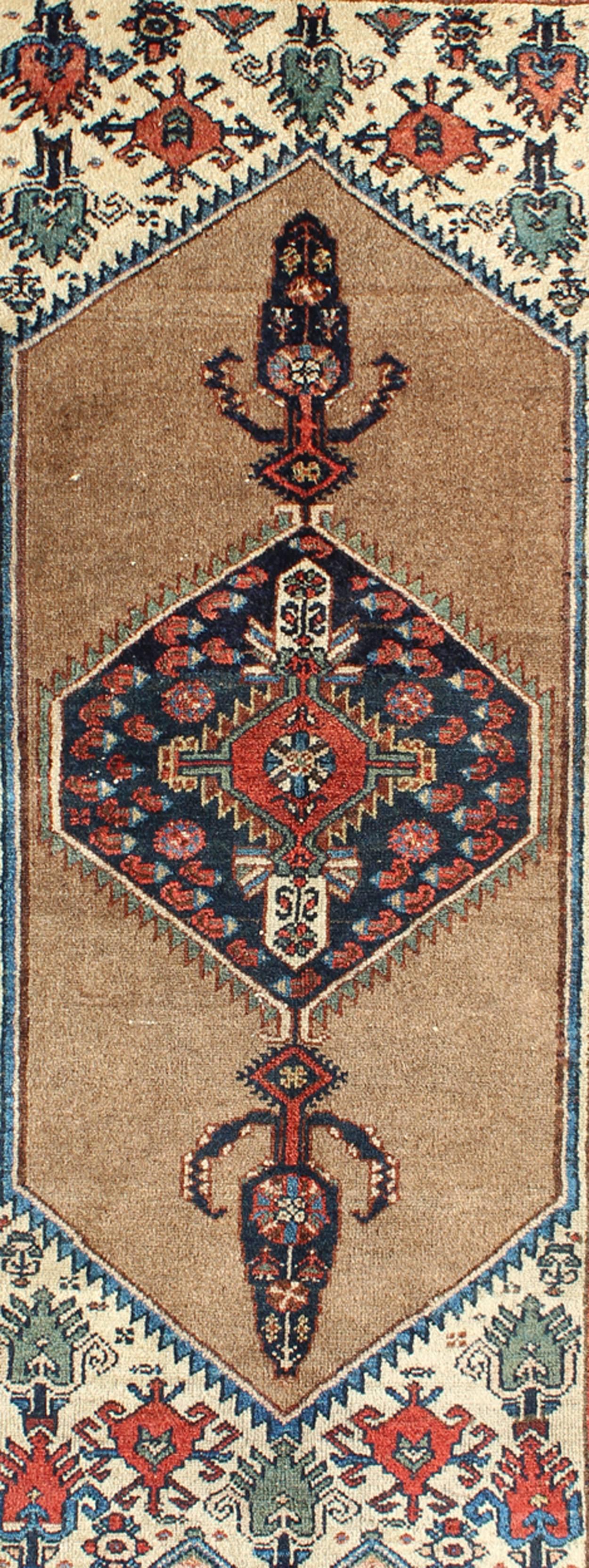 Malayer Antique Persian Serab Rug with Stretched Tribal Medallion in Camel, Blue & Ivory For Sale