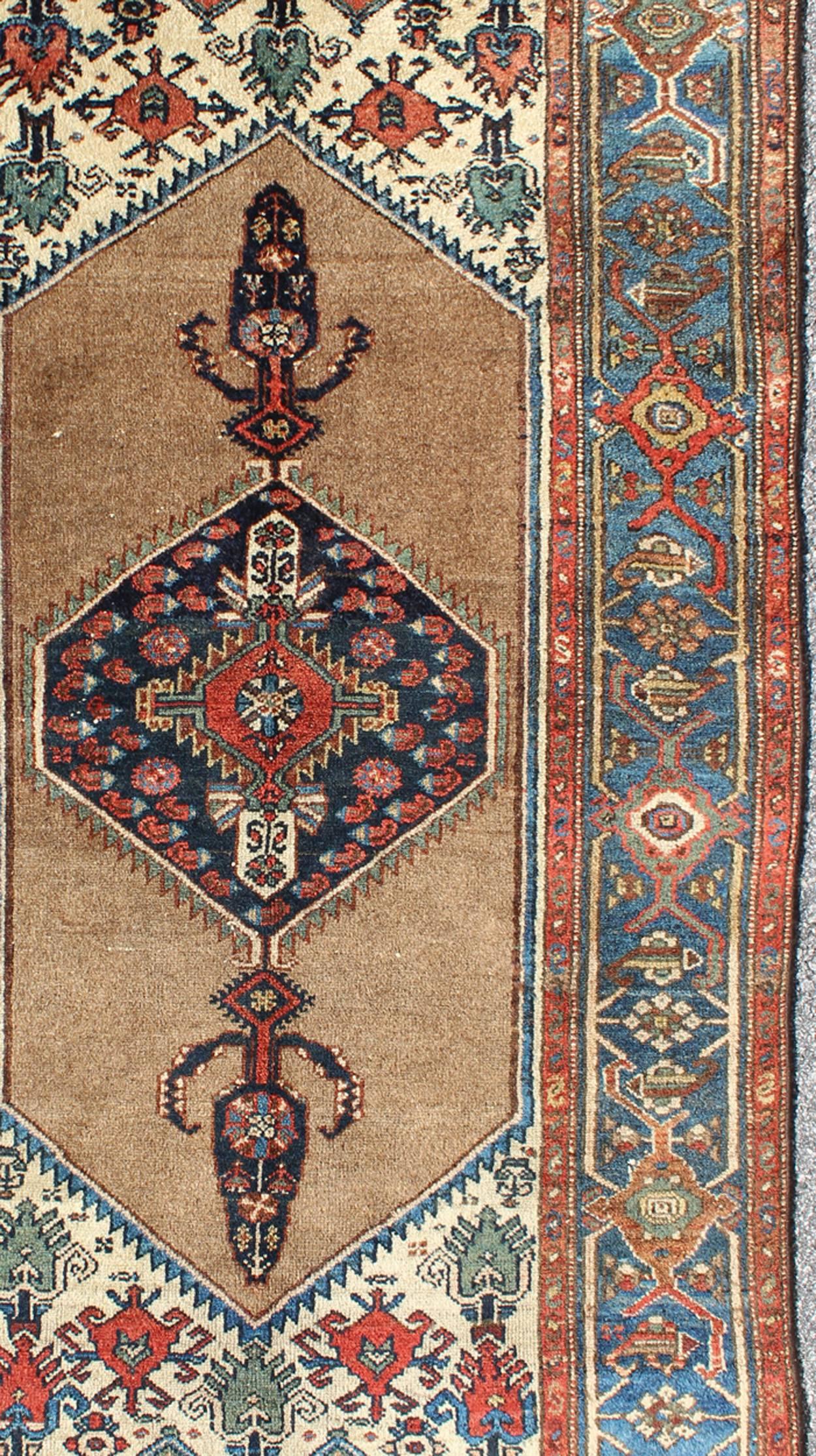 Hand-Knotted Antique Persian Serab Rug with Stretched Tribal Medallion in Camel, Blue & Ivory For Sale
