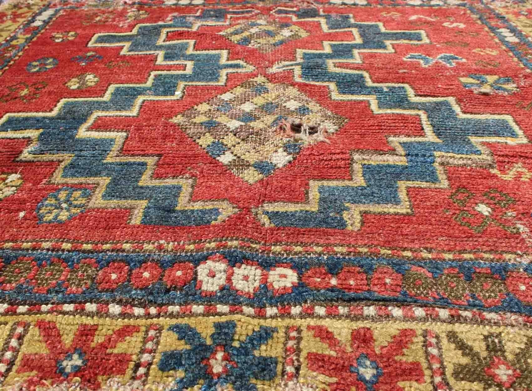 Kazak Square-Shaped Antique Caucasian Rug with Dual Medallions and Tribal Motifs