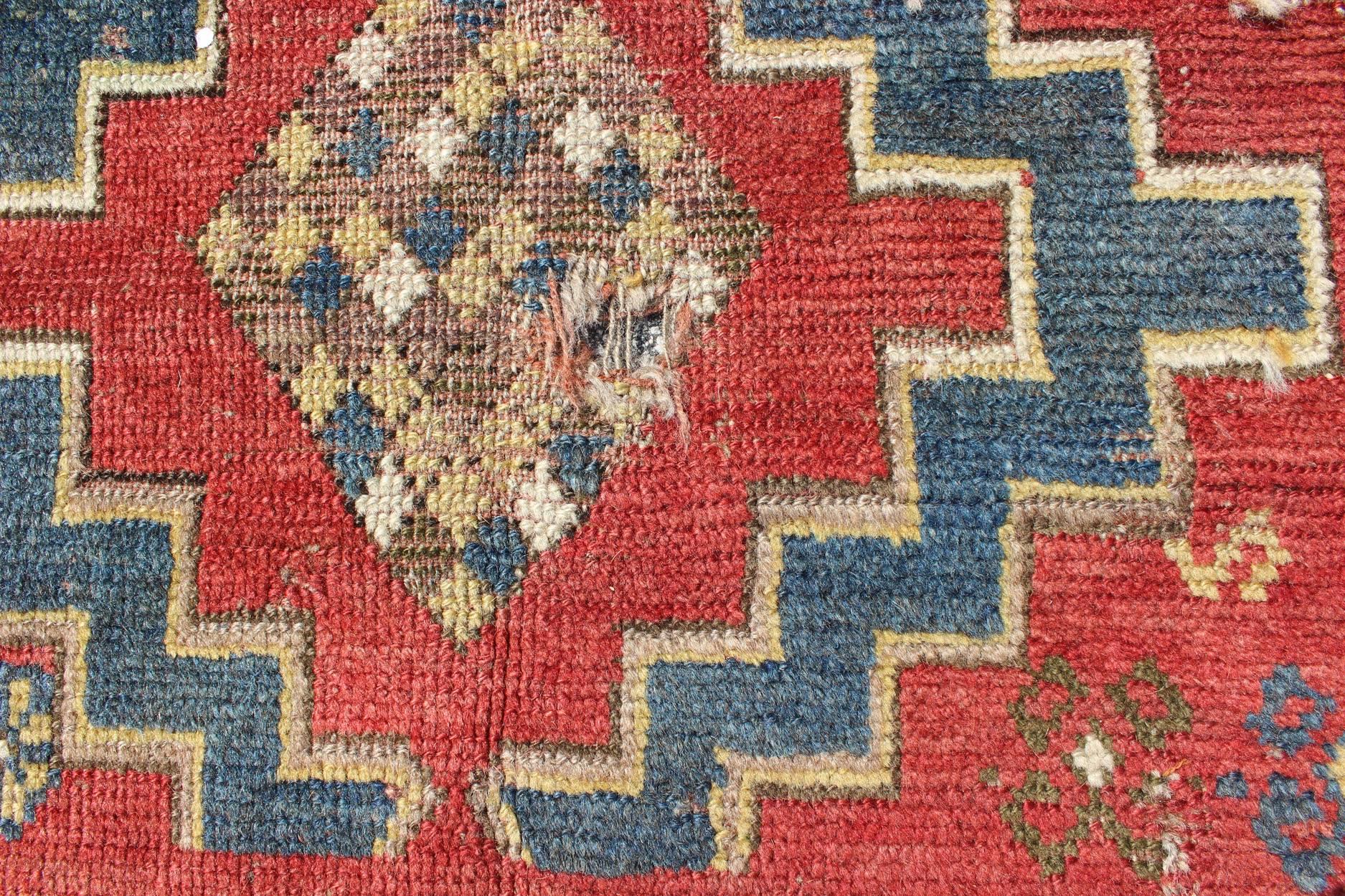 Hand-Knotted Square-Shaped Antique Caucasian Rug with Dual Medallions and Tribal Motifs