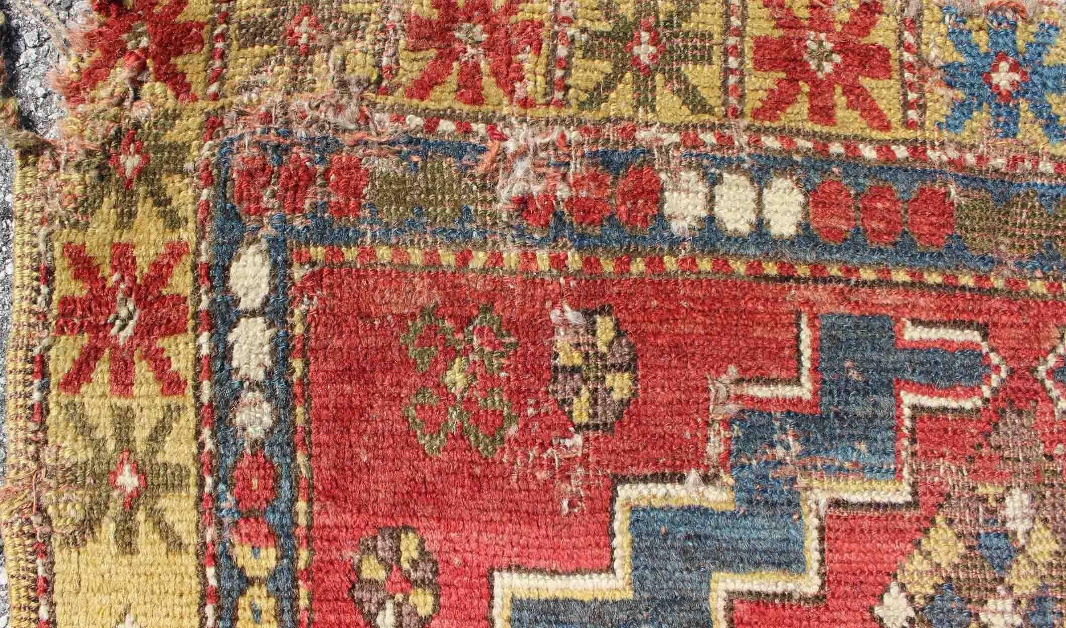 Square-Shaped Antique Caucasian Rug with Dual Medallions and Tribal Motifs In Fair Condition In Atlanta, GA