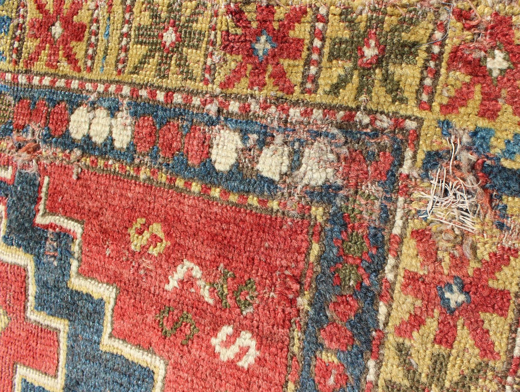 Late 19th Century Square-Shaped Antique Caucasian Rug with Dual Medallions and Tribal Motifs