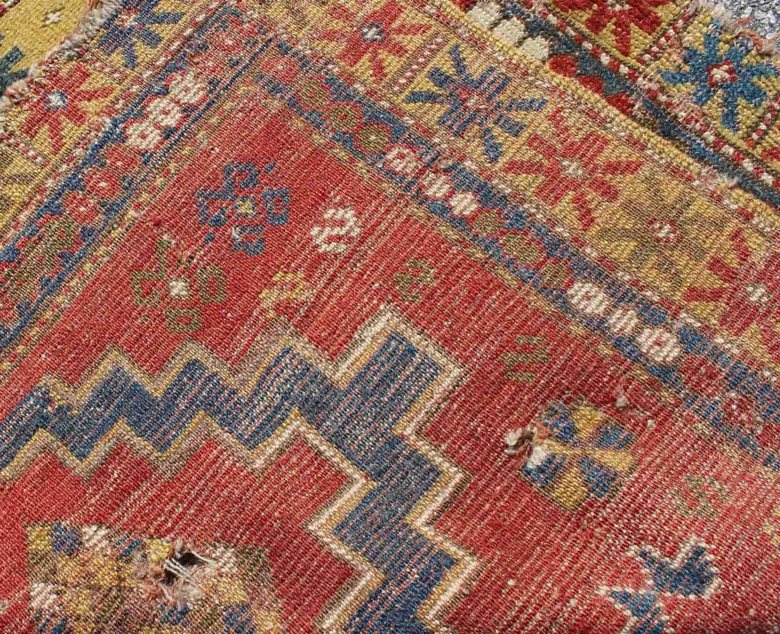 Wool Square-Shaped Antique Caucasian Rug with Dual Medallions and Tribal Motifs