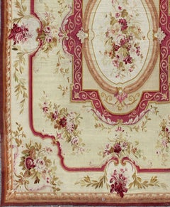 Antique French Aubusson with Romantic Rose Bouquets in Shades of Red and Pink