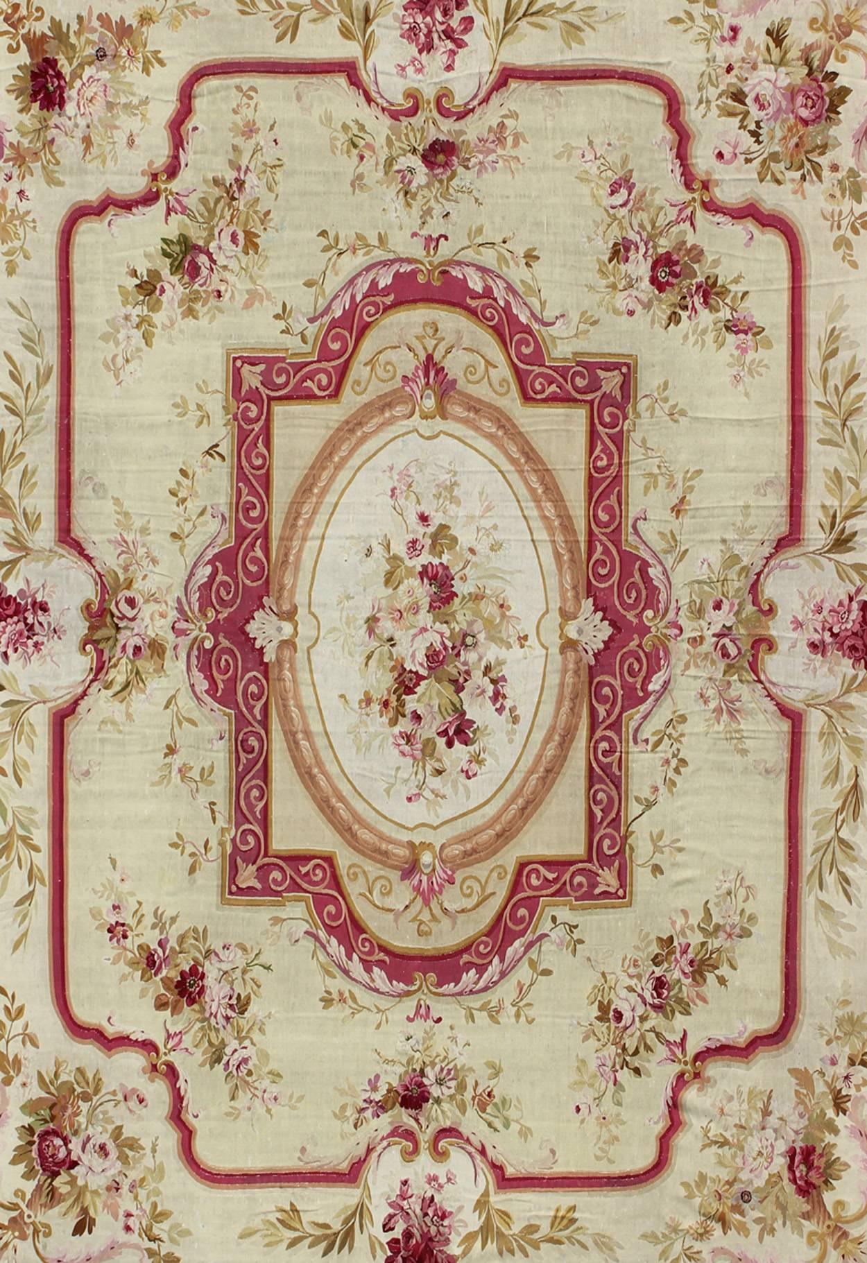 European Antique French Aubusson with Romantic Rose Bouquets in Shades of Red and Pink For Sale