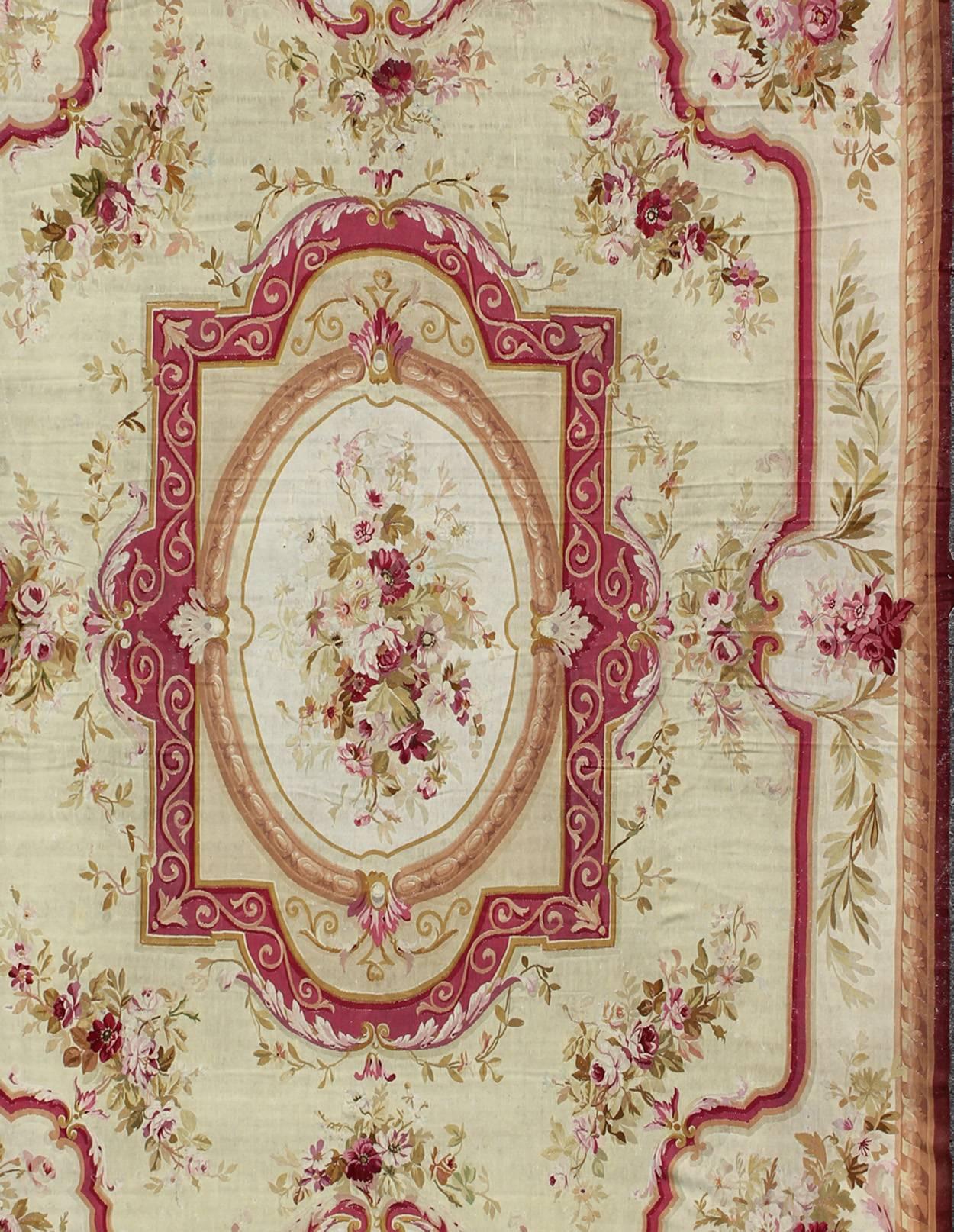 Hand-Knotted Antique French Aubusson with Romantic Rose Bouquets in Shades of Red and Pink For Sale