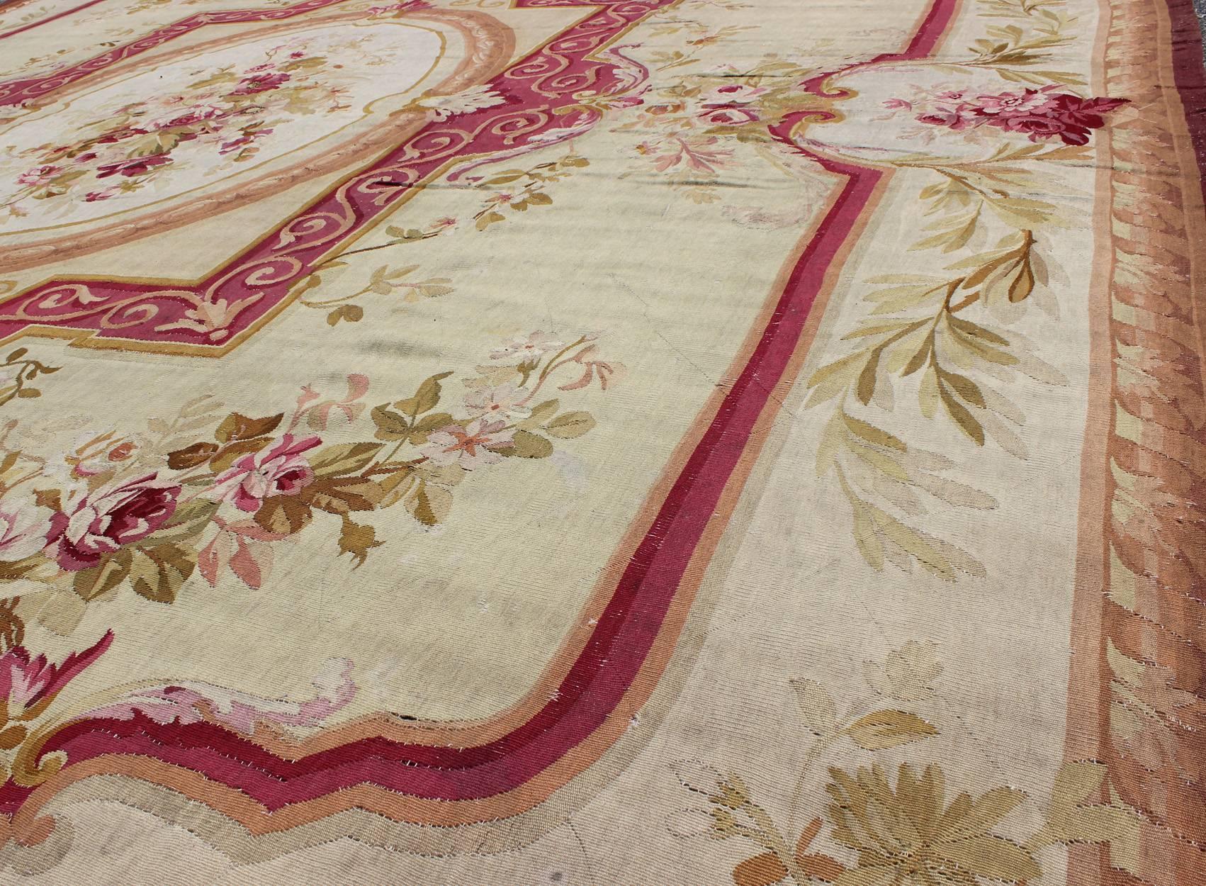 Late 19th Century Antique French Aubusson with Romantic Rose Bouquets in Shades of Red and Pink For Sale