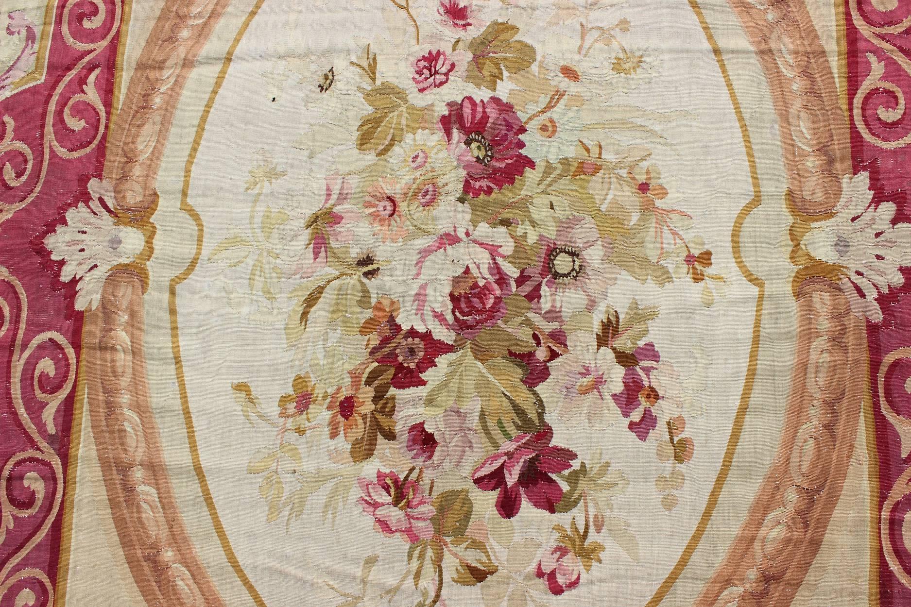 Late 19th Century Antique French Aubusson with Romantic Rose Bouquets in Shades of Red and Pink For Sale