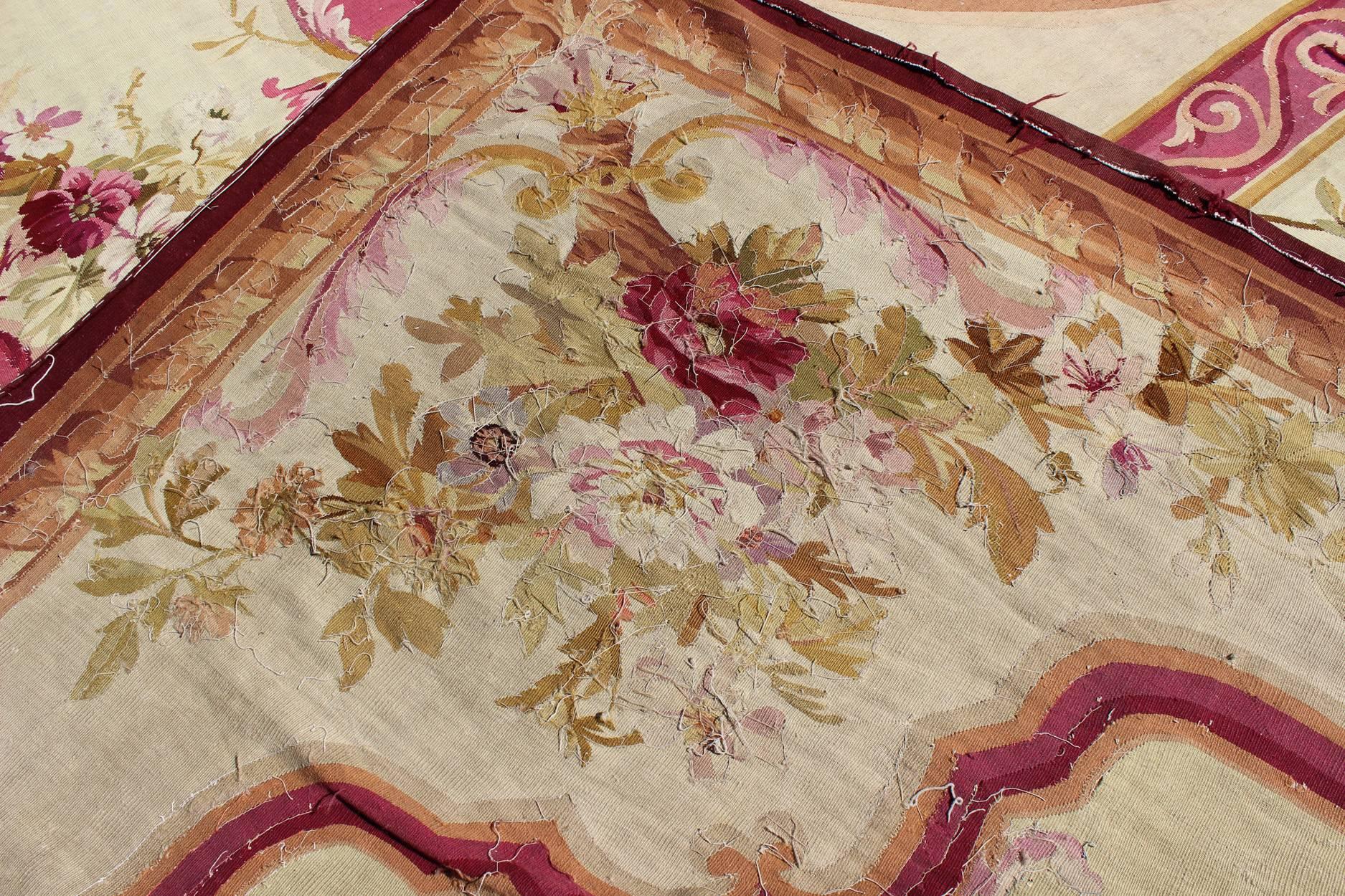 Wool Antique French Aubusson with Romantic Rose Bouquets in Shades of Red and Pink For Sale