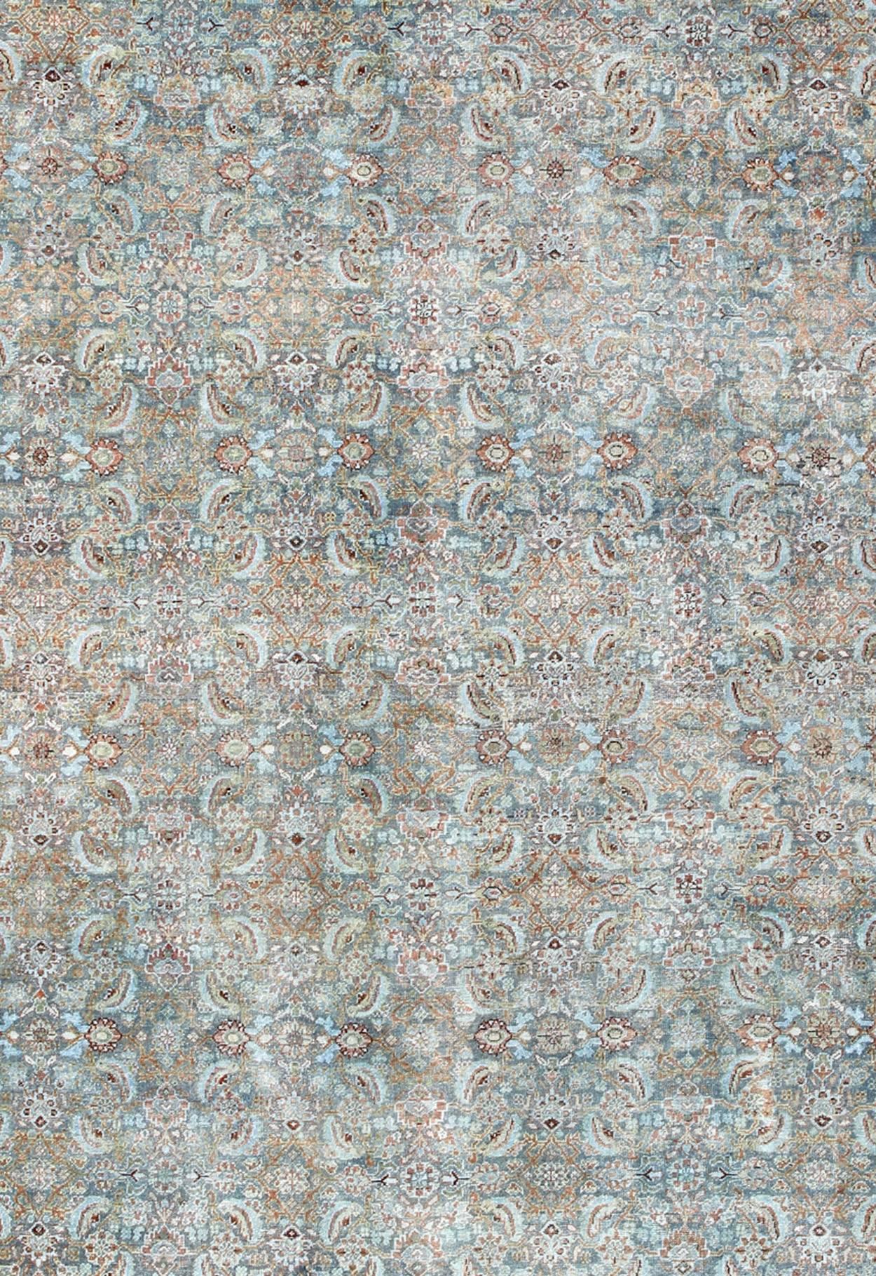 Antique Persian Sultanabad Rug with All-Over Design in Light Blue & Burnt Orange In Good Condition For Sale In Atlanta, GA