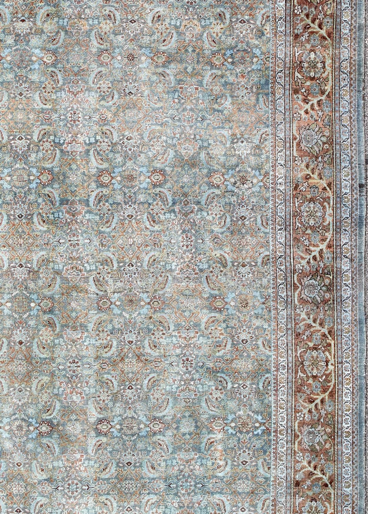 Early 20th Century Antique Persian Sultanabad Rug with All-Over Design in Light Blue & Burnt Orange For Sale