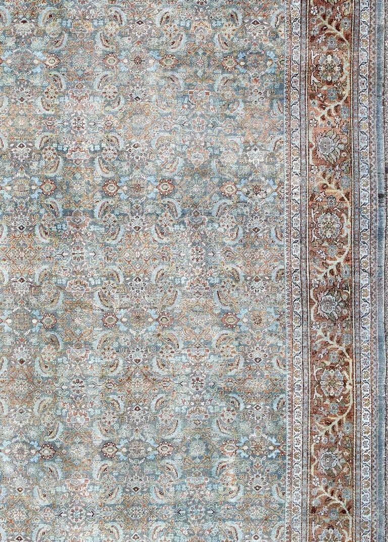 Antique Persian Sultanabad Rug with AllOver Design in Light Blue and Burnt Orange For Sale at