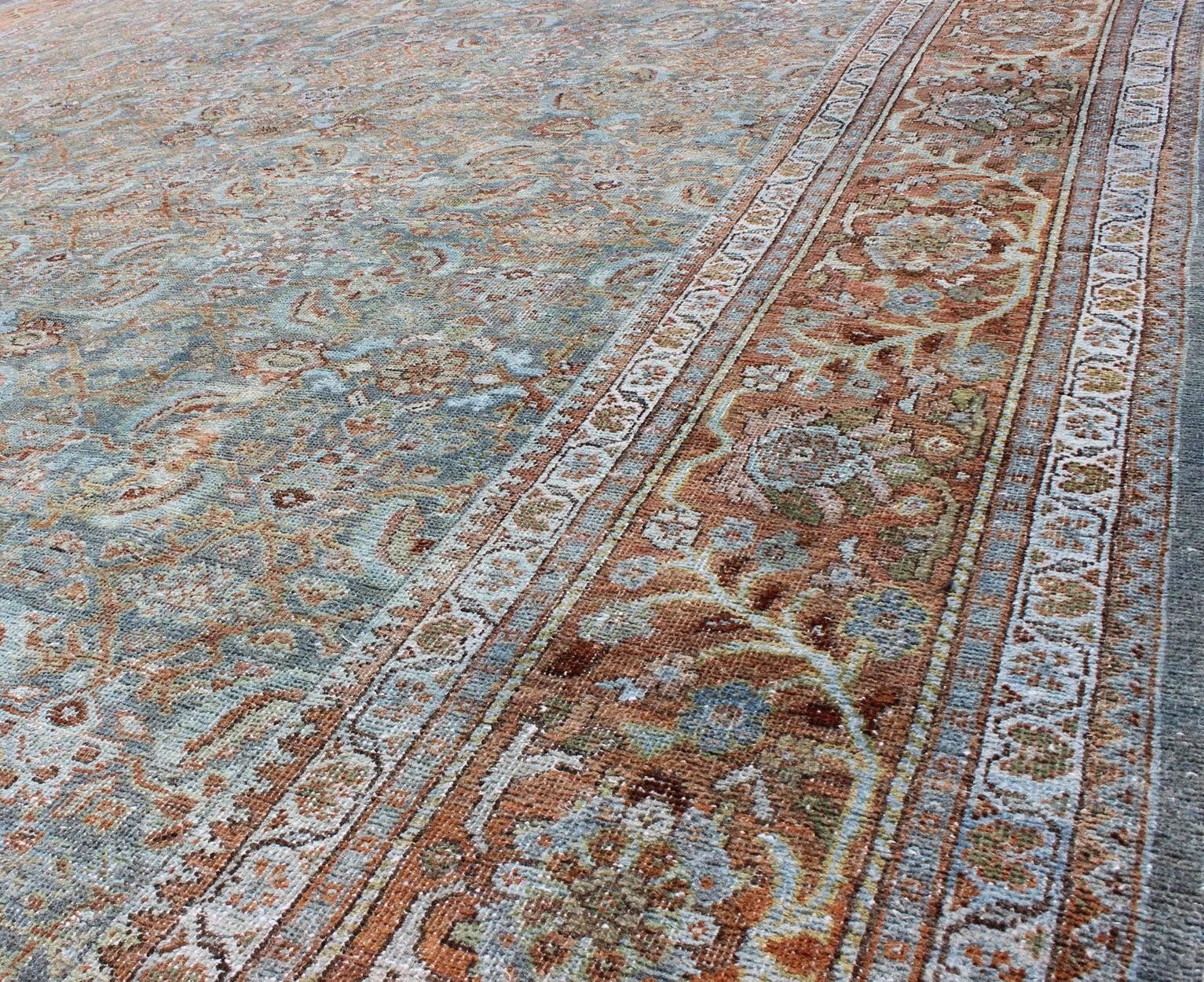 Wool Antique Persian Sultanabad Rug with All-Over Design in Light Blue & Burnt Orange For Sale