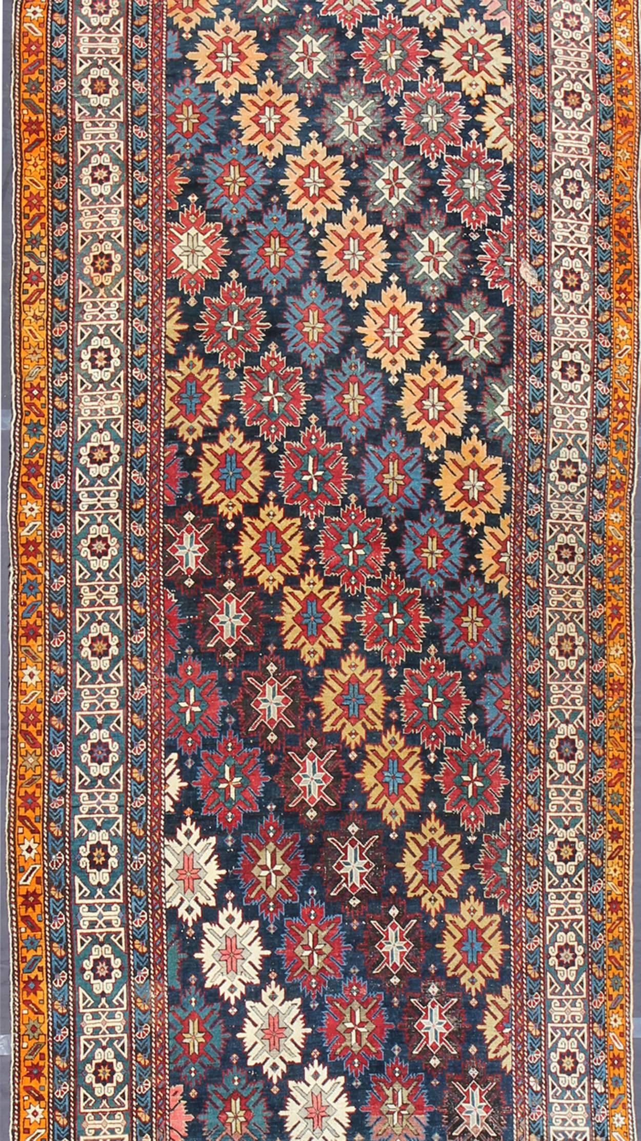 Kazak Colorful Antique Kuba Large Gallery Runner with Multi-Geometric Medallions For Sale