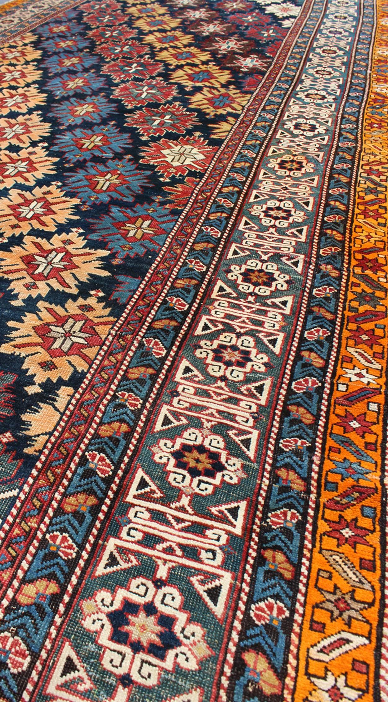 Hand-Knotted Colorful Antique Kuba Large Gallery Runner with Multi-Geometric Medallions For Sale