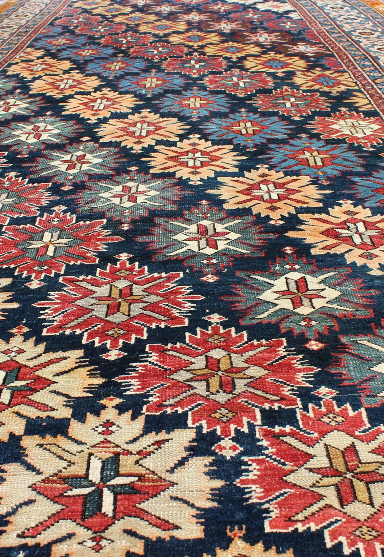 Colorful Antique Kuba Large Gallery Runner with Multi-Geometric Medallions In Excellent Condition For Sale In Atlanta, GA