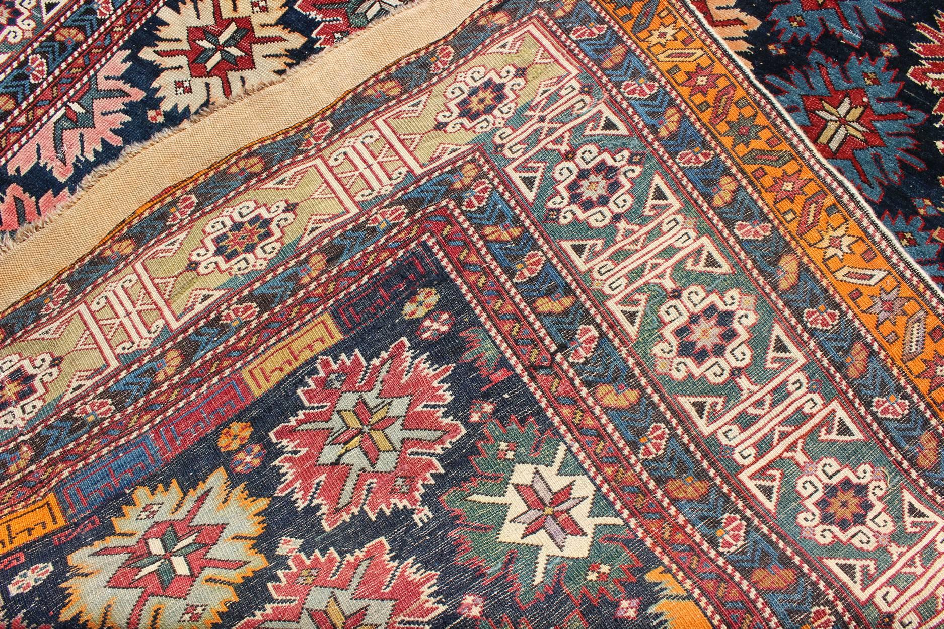 Late 19th Century Colorful Antique Kuba Large Gallery Runner with Multi-Geometric Medallions For Sale