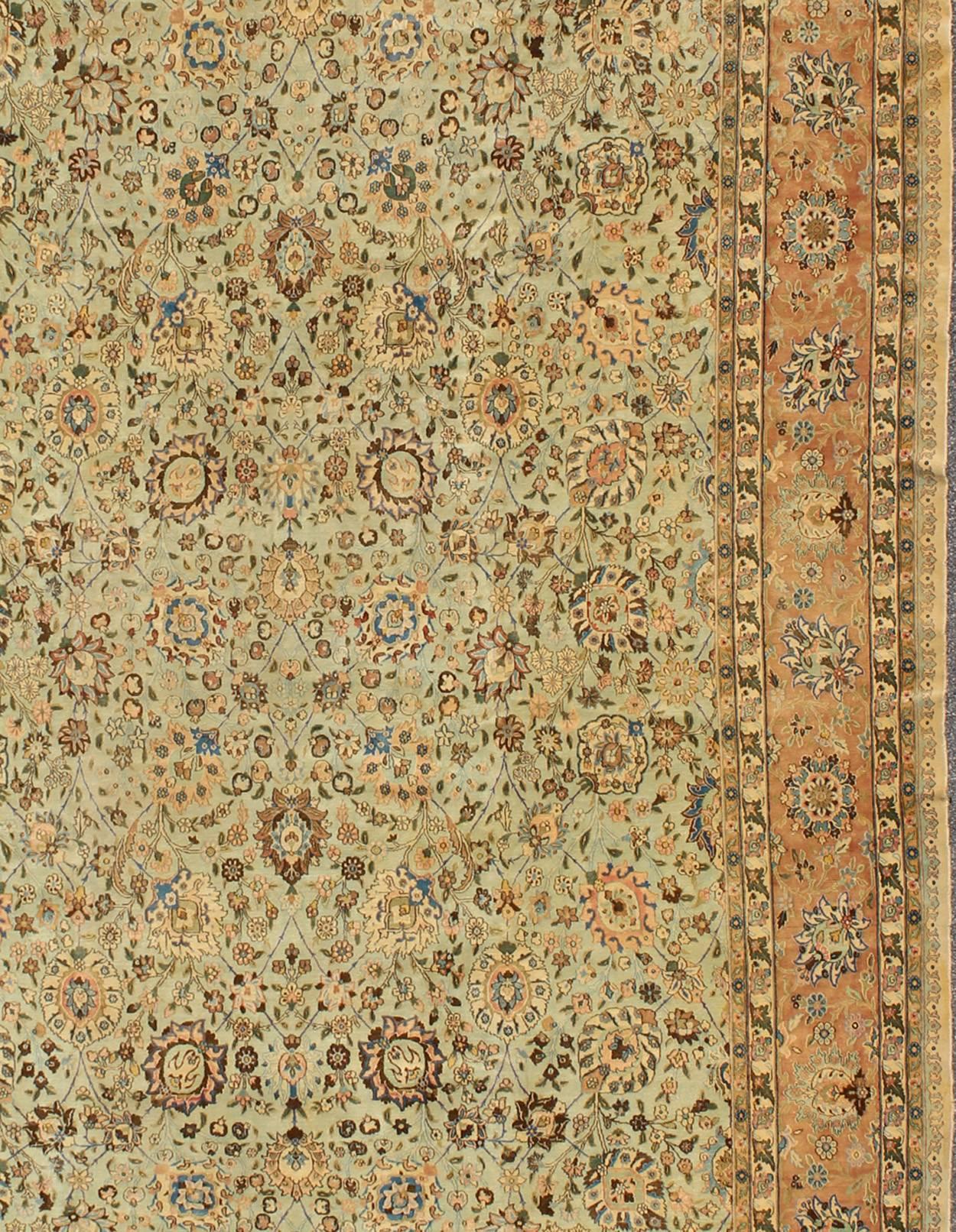Hand-Knotted Vintage Persian Tabriz Rug, Intricate Floral Design in Light Green and Salmon